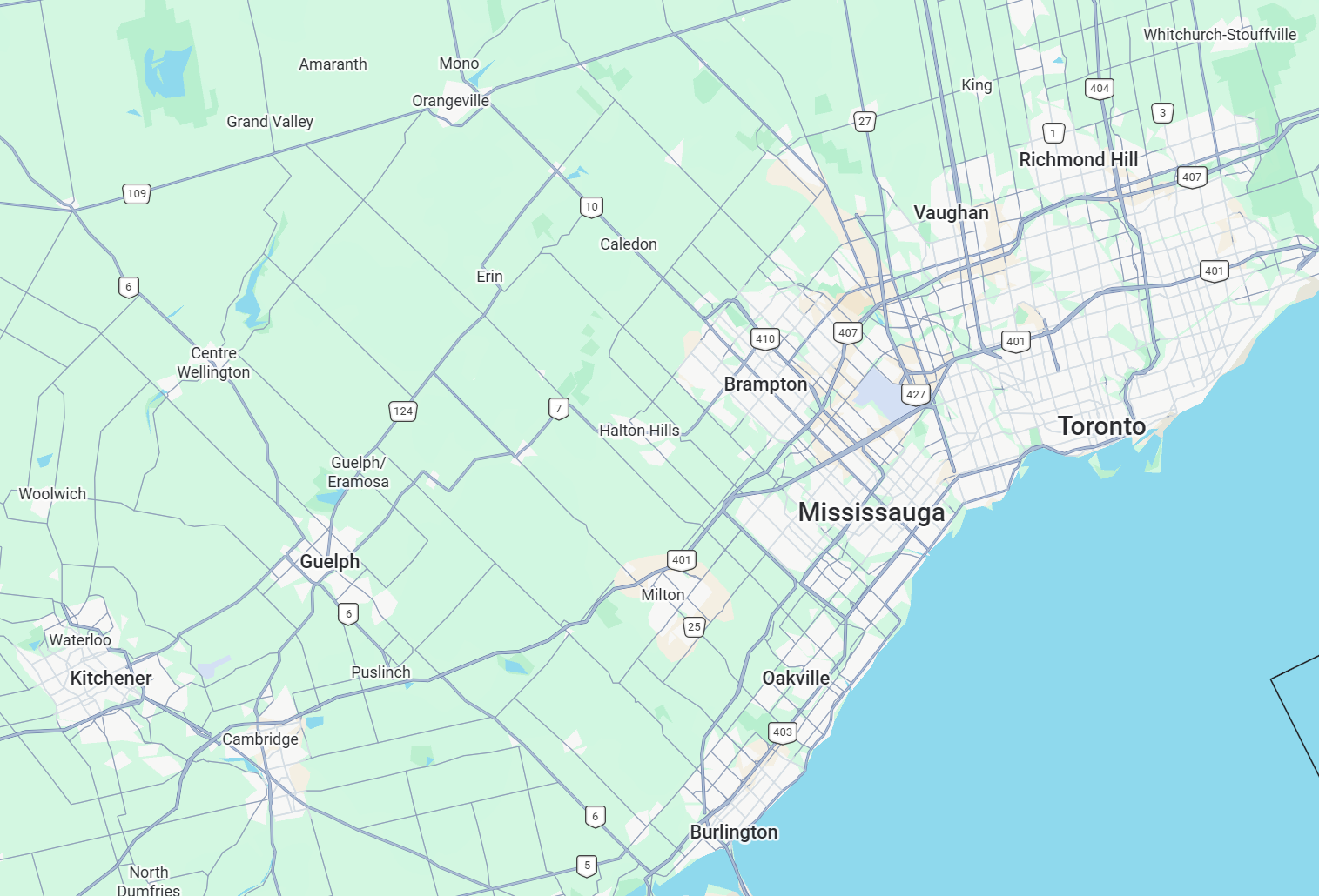 Map showing Luden Windows & Doors service area across Toronto, Mississauga, Brampton, Vaughan, Oakville, Burlington, Guelph, Cambridge, and Kitchener.