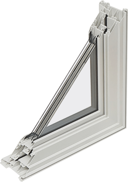 Cross-section of a premium vinyl window frame and insulated glass